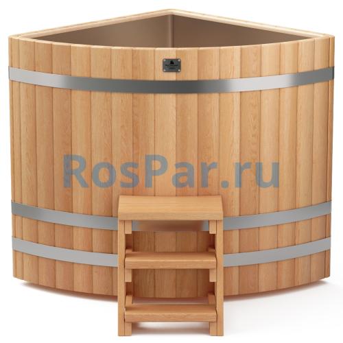 Угловая купель «PREMIUM» из лиственницы с вставкой из нержавеющей стали длина 1100 мм ширина 1100 мм высота 1150 мм