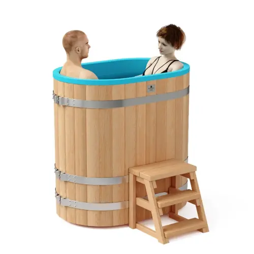 Овальная купель «COMFORT» из лиственницы с пластиковой вставкой длина 1200 мм ширина 780 мм высота 1150 мм