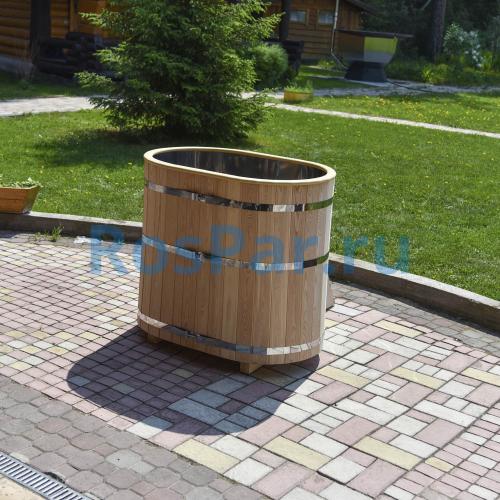 Овальная купель «PREMIUM» из лиственницы с вставкой из нержавеющей стали длина 1200 мм