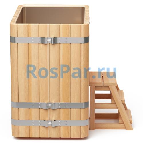 Прямоугольная купель «PREMIUM» из лиственницы с вставкой из нержавеющей стали длина 1200 мм ширина 780 мм высота 1150 мм