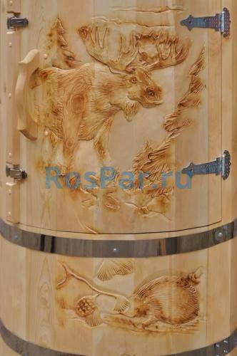 Кедровая бочка овальная «Профессиональная» со скосом с художественным оформлением «Лось и еж»