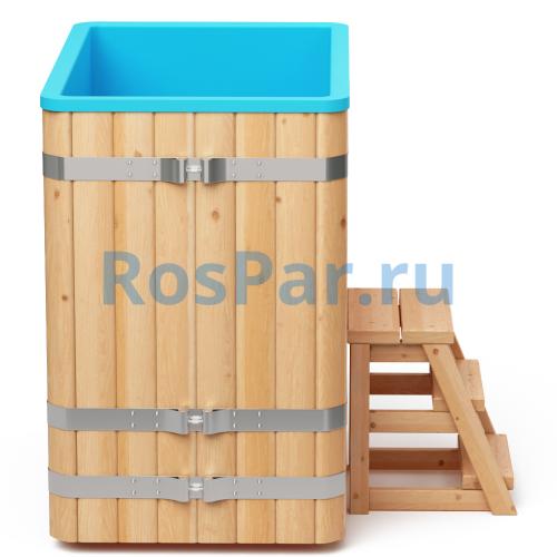 Квадратная купель «COMFORT» из лиственницы с пластиковой вставкой длина 1500 мм ширина 1500 мм высота 1150 мм