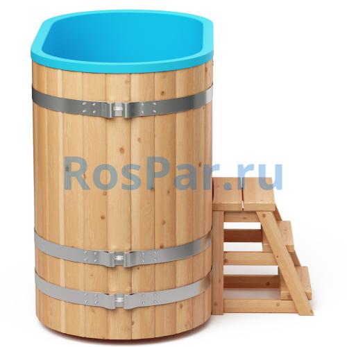 Овальная купель «COMFORT» из лиственницы с пластиковой вставкой длина 1400 мм ширина 780 мм высота 1150 мм