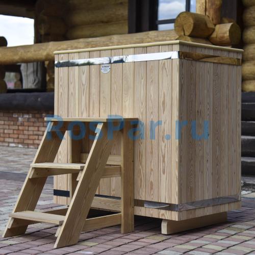 Прямоугольная купель «PREMIUM» из лиственницы с вставкой из нержавеющей стали длина 1000 мм ширина 780 мм высота 1150 мм