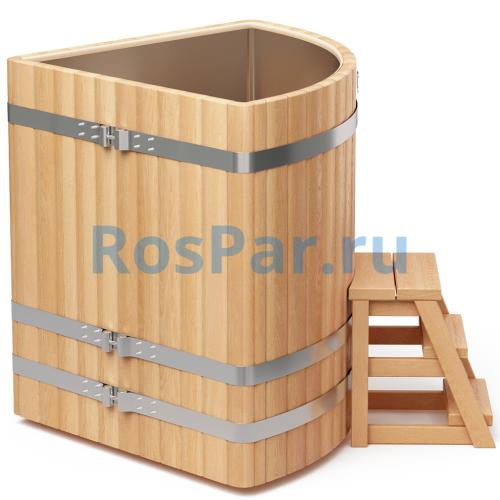 Угловая купель «PREMIUM» из лиственницы с вставкой из нержавеющей стали длина 1100 мм ширина 1100 мм высота 1150 мм