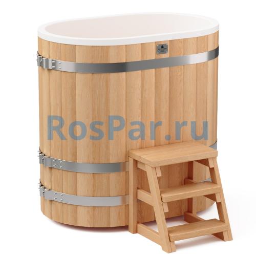 Овальная купель «PREMIUM» из лиственницы с вставкой из нержавеющей стали длина 1200 мм