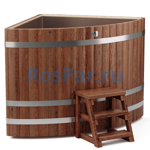 Угловая купель «PREMIUM» из лиственницы с вставкой из нержавеющей стали длина 1300 мм ширина 1300 мм высота 1150 мм