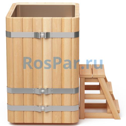 Прямоугольная купель «PREMIUM» из лиственницы с вставкой из нержавеющей стали длина 1000 мм ширина 780 мм высота 1150 мм