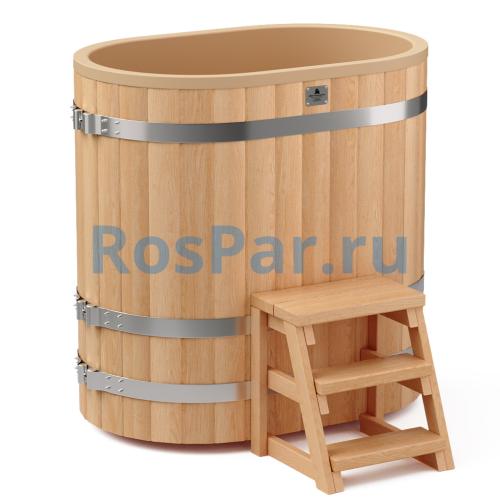 Овальная купель «PREMIUM» из лиственницы с вставкой из нержавеющей стали длина 1200 мм