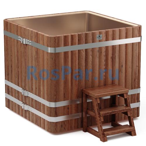 Квадратная купель «PREMIUM» из лиственницы с вставкой из нержавеющей стали длина 1300 мм ширина 1300 мм высота 1150 мм