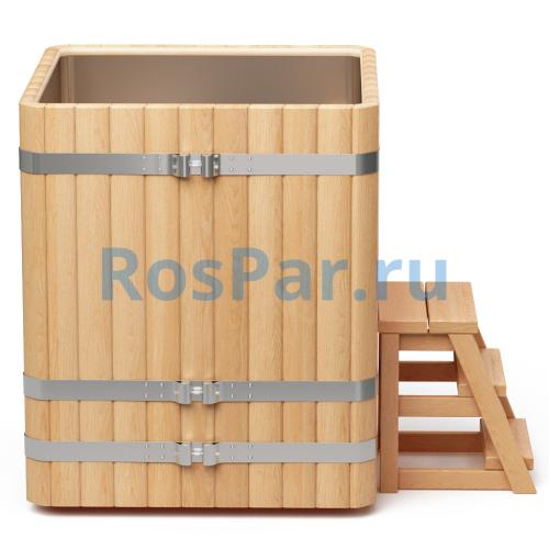 Квадратная купель «PREMIUM» из лиственницы с вставкой из нержавеющей стали длина 1000 мм ширина 1000 мм высота 1150 мм