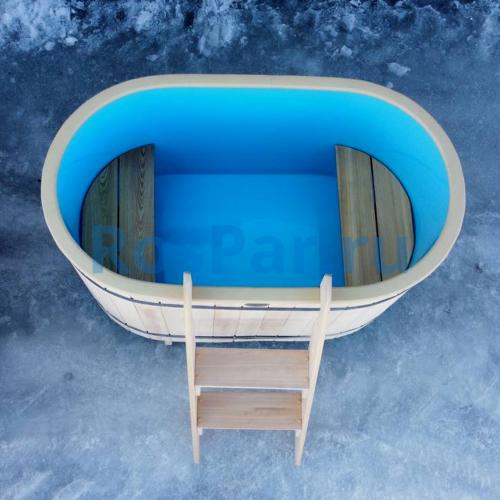 Овальная купель «COMFORT» из лиственницы с пластиковой вставкой длина 1400 мм ширина 780 мм высота 1150 мм