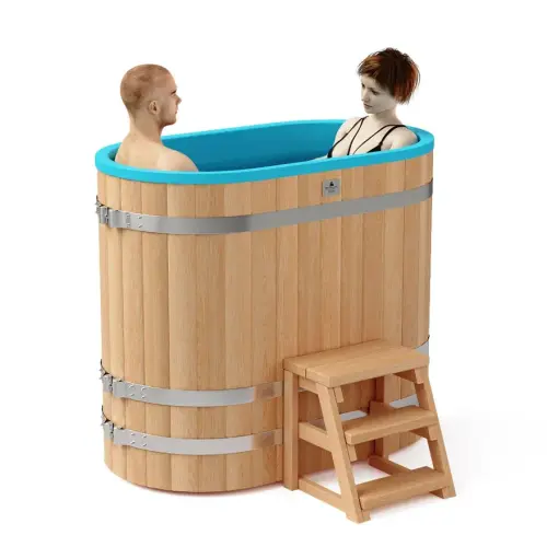 Овальная купель «PREMIUM» из лиственницы с вставкой из нержавеющей стали длина 1400 мм