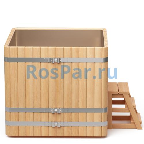 Квадратная купель «PREMIUM» из лиственницы с вставкой из нержавеющей стали длина 1300 мм ширина 1300 мм высота 1150 мм