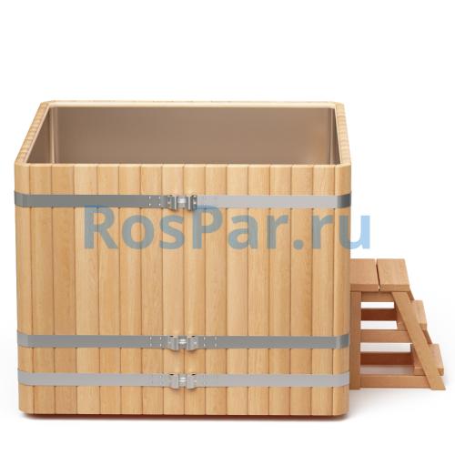 Квадратная купель «PREMIUM» из лиственницы с вставкой из нержавеющей стали длина 1500 мм ширина 1500 мм высота 1150 мм