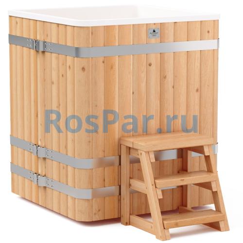 Квадратная купель «COMFORT» из лиственницы с пластиковой вставкой длина 1000 мм ширина 1000 мм высота 1150 мм