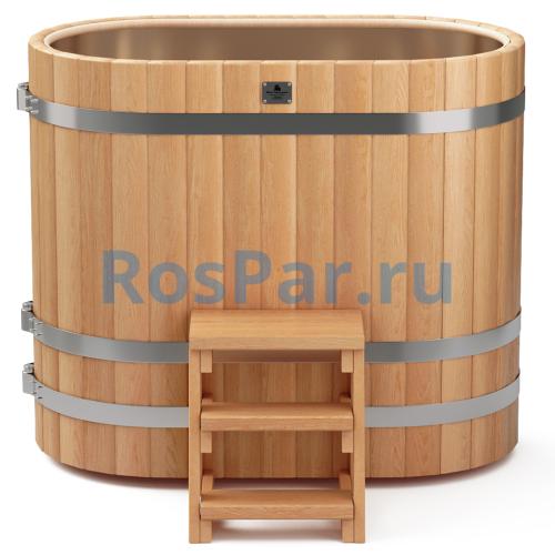 Овальная купель «PREMIUM» из лиственницы с вставкой из нержавеющей стали длина 1400 мм
