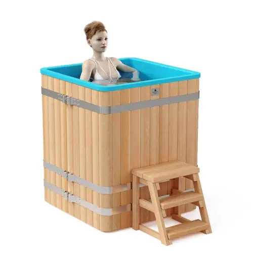 Квадратная купель «COMFORT» из лиственницы с пластиковой вставкой длина 1000 мм ширина 1000 мм высота 1150 мм