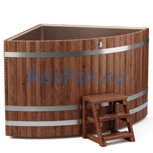 Угловая купель «PREMIUM» из лиственницы с вставкой из нержавеющей стали длина 1500 мм ширина 1500 мм высота 1150 мм