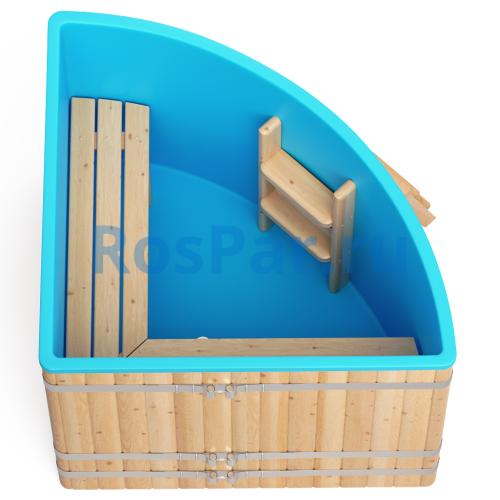 Угловая купель «COMFORT» из лиственницы с пластиковой вставкой длина 1500 мм ширина 1500 мм высота 1150 мм