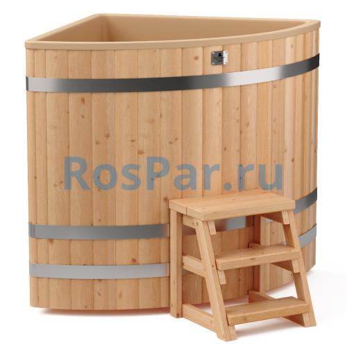 Угловая купель «COMFORT» из лиственницы с пластиковой вставкой длина 1100 мм ширина 1100 мм высота 1150 мм