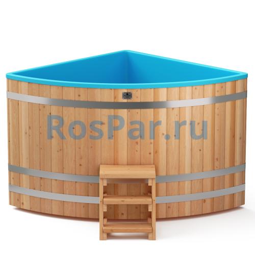 Угловая купель «COMFORT» из лиственницы с пластиковой вставкой длина 1500 мм ширина 1500 мм высота 1150 мм