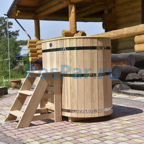 Овальная купель «PREMIUM» из лиственницы с вставкой из нержавеющей стали длина 1200 мм