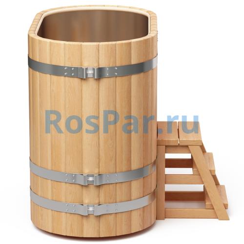 Овальная купель «PREMIUM» из лиственницы с вставкой из нержавеющей стали длина 1400 мм