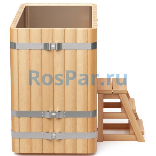 Прямоугольная купель «PREMIUM» из лиственницы с вставкой из нержавеющей стали длина 1400 мм ширина 780 мм высота 1150 мм