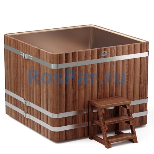 Квадратная купель «PREMIUM» из лиственницы с вставкой из нержавеющей стали длина 1500 мм ширина 1500 мм высота 1150 мм