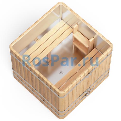 Квадратная купель «PREMIUM» из лиственницы с вставкой из нержавеющей стали длина 1300 мм ширина 1300 мм высота 1150 мм