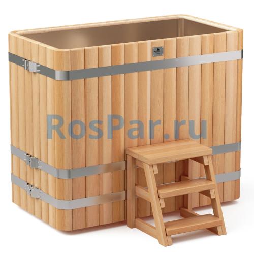 Прямоугольная купель «PREMIUM» из лиственницы с вставкой из нержавеющей стали длина 1400 мм ширина 780 мм высота 1150 мм