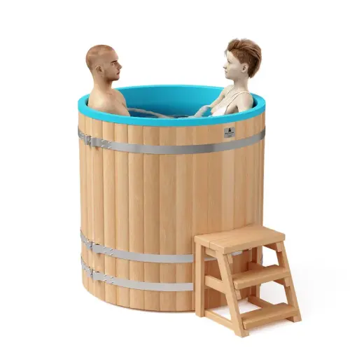 Круглая купель «COMFORT» из лиственницы с пластиковой вставкой диаметр 1200 мм высота 1150 мм