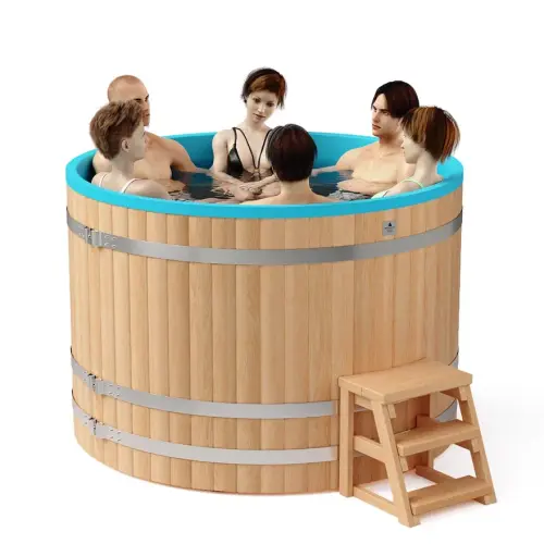 Круглая купель «COMFORT» из лиственницы с пластиковой вставкой диаметр 1700 мм высота 1150 мм