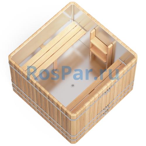 Квадратная купель «PREMIUM» из лиственницы с вставкой из нержавеющей стали длина 1500 мм ширина 1500 мм высота 1150 мм