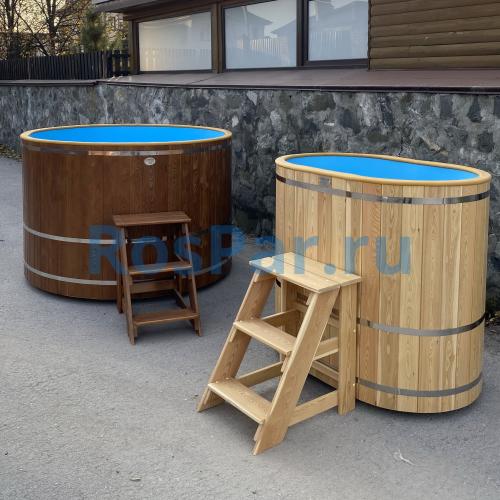 Угловая купель «COMFORT» из лиственницы с пластиковой вставкой длина 1500 мм ширина 1500 мм высота 1150 мм