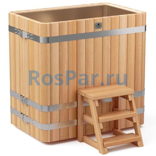 Прямоугольная купель «PREMIUM» из лиственницы с вставкой из нержавеющей стали длина 1200 мм ширина 780 мм высота 1150 мм