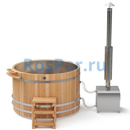Фурако круглая «PREMIUM» из лиственницы с вставкой из нержавеющей стали с внешней печью с газовой горелкой 1700 мм