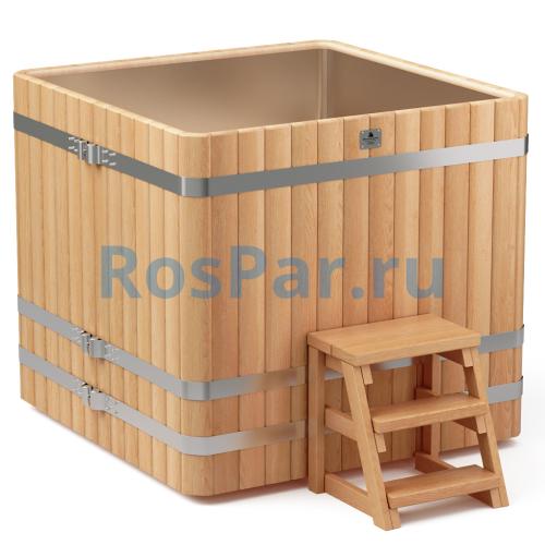 Квадратная купель «PREMIUM» из лиственницы с вставкой из нержавеющей стали длина 1300 мм ширина 1300 мм высота 1150 мм