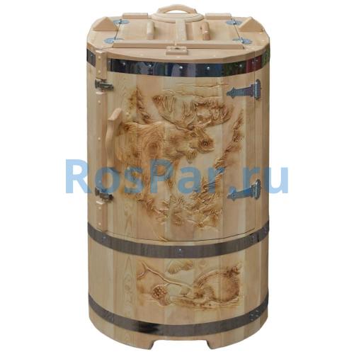 Кедровая бочка овальная «Профессиональная» со скосом с художественным оформлением «Лось и еж»