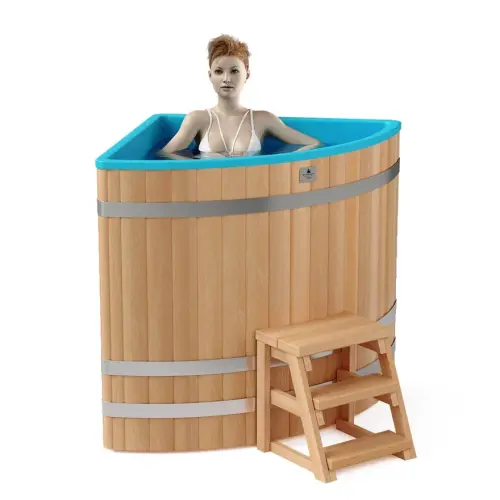 Угловая купель «COMFORT» из лиственницы с пластиковой вставкой длина 1100 мм ширина 1100 мм высота 1150 мм