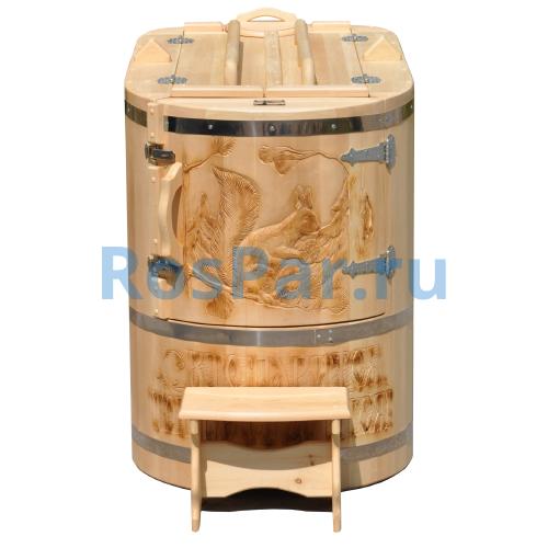 Кедровая бочка овальная «Профессиональная» со скосом с художественным оформлением «Белочка с надписью»