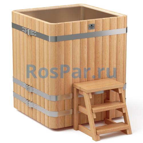 Квадратная купель «PREMIUM» из лиственницы с вставкой из нержавеющей стали длина 1000 мм ширина 1000 мм высота 1150 мм