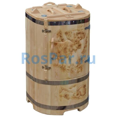 Кедровая бочка овальная «Профессиональная» со скосом с художественным оформлением «Лось и еж»
