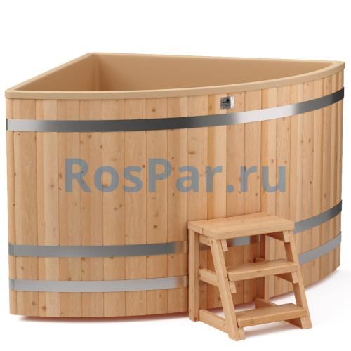 Угловая купель «COMFORT» из лиственницы с пластиковой вставкой длина 1500 мм ширина 1500 мм высота 1150 мм