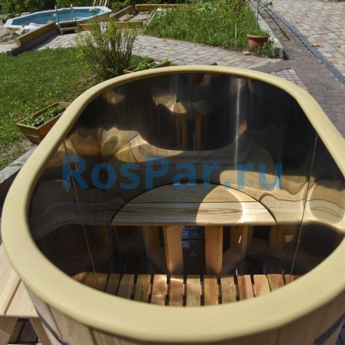 Овальная купель «PREMIUM» из лиственницы с вставкой из нержавеющей стали длина 1400 мм