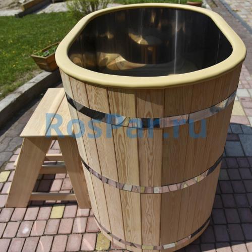 Овальная купель «PREMIUM» из лиственницы с вставкой из нержавеющей стали длина 1400 мм