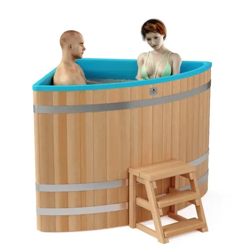 Угловая купель «COMFORT» из лиственницы с пластиковой вставкой длина 1300 мм ширина 1300 мм высота 1150 мм