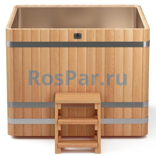 Квадратная купель «PREMIUM» из лиственницы с вставкой из нержавеющей стали длина 1500 мм ширина 1500 мм высота 1150 мм