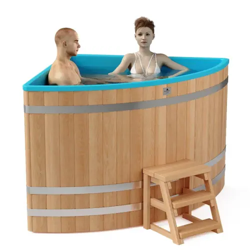 Угловая купель «COMFORT» из лиственницы с пластиковой вставкой длина 1500 мм ширина 1500 мм высота 1150 мм